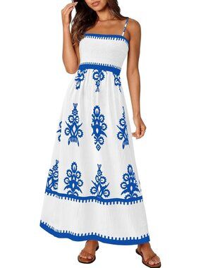 Women's White Blue Floral Summer Spaghetti Strap Flowy Beach Vacation Boho Maxi